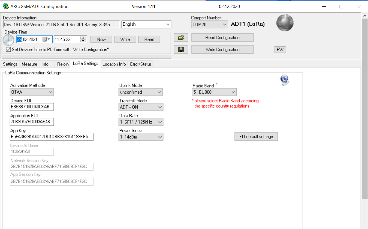 LoRa Setup LoRa Settings